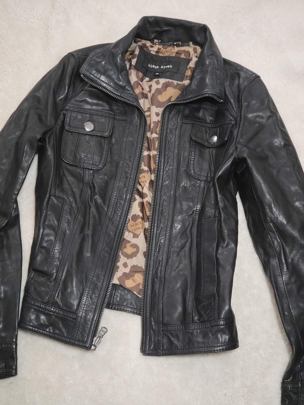 .Black Rivet Black Leather Bomber Jacket with Camo Interior